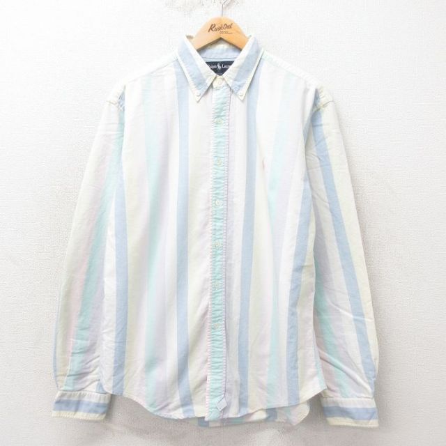 XL★古着 ラルフローレン Ralph Lauren 長袖 ブランド シャツ メンズ 90年代 90s ワンポイントロゴ コットン ボタンダウン USA製 白他 ホワイト ストライプ 25feb10 中古 トップス