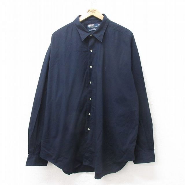 XL★古着 ラルフローレン Ralph Lauren 長袖 ブランド シャツ メンズ 90年代 90s ワンポイントロゴ MARLOWE 大きいサイズ ロング丈 濃紺 ネイビー 25feb10 中古 トップス