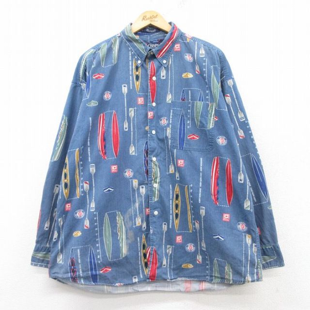 XL★古着 ラルフローレン Ralph Lauren チャップス 長袖 ブランド シャツ メンズ 90年代 90s カヌー 大きいサイズ コットン ボタンダウン 薄紺他 ネイビー 25feb15 中古 トップス