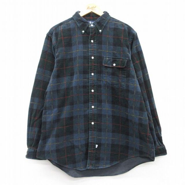 XL★古着 ラルフローレン Ralph Lauren 長袖 ブランド シャツ メンズ 90年代 90s コーデュロイ 大きいサイズ コットン ボタンダウン 紺他 ネイビー チェック 25feb15 中古 トップス