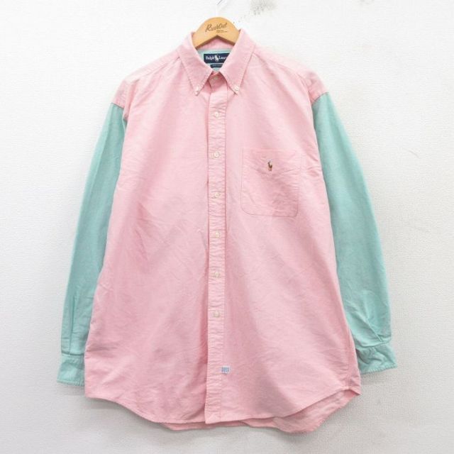 XL★古着 ラルフローレン Ralph Lauren 長袖 ブランド シャツ メンズ 90年代 90s ワンポイントロゴ オックスフォード ツートンカラー 大きいサイズ ロング丈 コットン ボタンダウン ピンク他 【spe】 25feb15 中古 トップス
