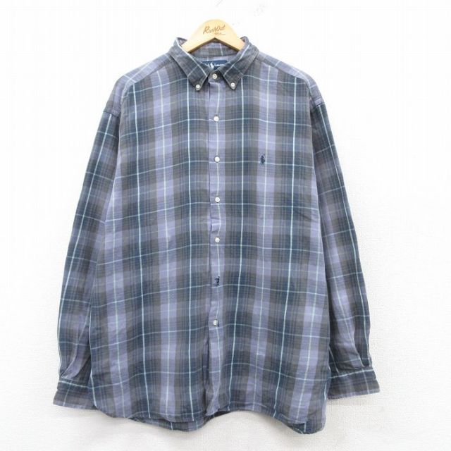 XL★古着 ラルフローレン Ralph Lauren 長袖 ブランド シャツ メンズ 90年代 90s ワンポイントロゴ MCMEEL 大きいサイズ ロング丈 コットン ボタンダウン 紺他 ネイビー チェック 25feb15 中古 トップス
