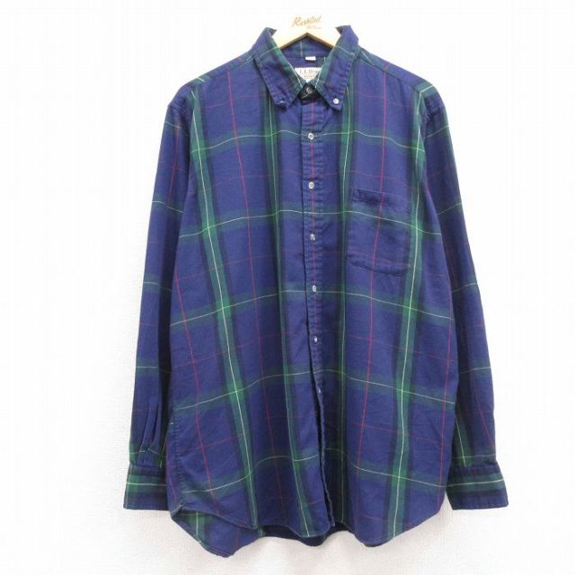 XL★古着 エルエルビーン LLBEAN 長袖 ブランド シャツ メンズ 90年代 90s 大きいサイズ ボタンダウン USA製 紺他 ネイビー チェック 25feb18 中古 トップス