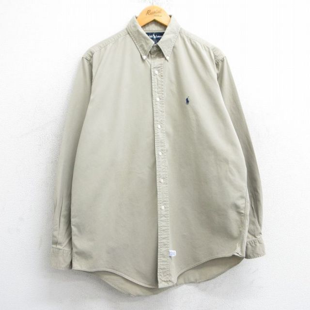 XL★古着 ラルフローレン Ralph Lauren 長袖 ブランド シャツ メンズ 90年代 90s ワンポイントロゴ コットン ボタンダウン USA製 ベージュ カーキ 【spe】 25feb18 中古 トップス