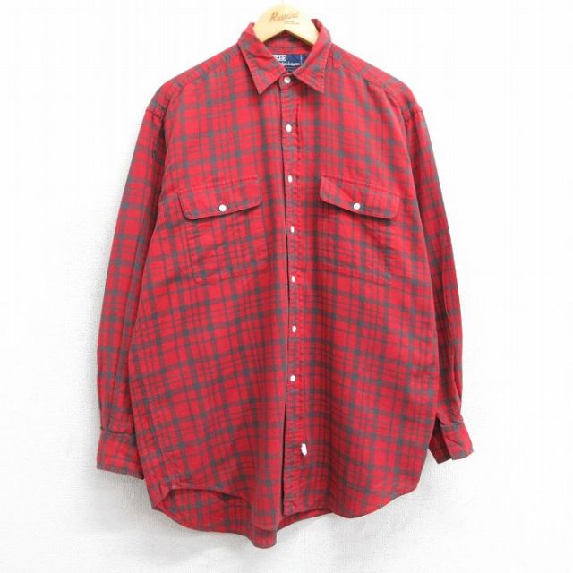 XL★古着 ラルフローレン Ralph Lauren 長袖 ブランド シャツ メンズ 90年代 90s ロング丈 コットン 赤他 レッド チェック 25feb18 中古 トップス