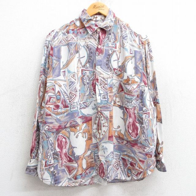 XL★古着 ゲス GUESS 長袖 ブランド シャツ メンズ 90年代 90s　総柄 レーヨン USA製 白他 ホワイト 25feb18 中古 トップス