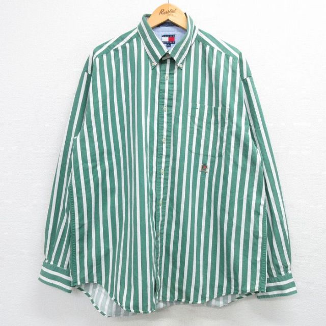 XL★古着 トミーヒルフィガー TOMMY HILFIGER 長袖 ブランド シャツ メンズ 90年代 90s ワンポイントロゴ 大きいサイズ コットン ボタンダウン 緑他 グリーン ストライプ 25feb19 中古 トップス