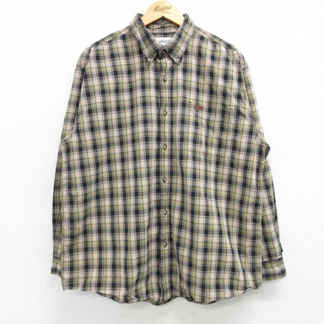 XL★古着 カーハート Carhartt 長袖 ブランド シャツ メンズ コットン ボタンダウン ベージュ他 カーキ チェック 25feb19 中古 トップス
