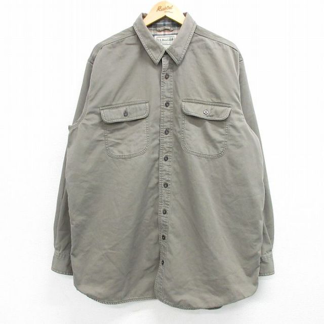 XL★古着 エルエルビーン LLBEAN 長袖 ブランド シャツ メンズ 00年代 00s 大きいサイズ ロング丈 コットン 薄緑系 グリーン 内側フランネル 25feb19 中古 トップス