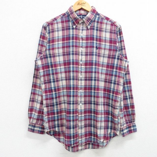 M★古着 ラルフローレン Ralph Lauren 長袖 ブランド シャツ メンズ 90年代 90s ワンポイントロゴ コットン ボタンダウン 紫他 パープル チェック 25feb19 中古 トップス