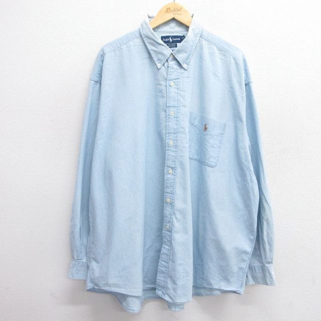 XL★古着 ラルフローレン Ralph Lauren 長袖 ブランド シャンブレー シャツ メンズ 90年代 90s BIG SHIRT ワンポイントロゴ 大きいサイズ ロング丈 コットン ボタンダウン 薄紺 ネイビー 25feb20 中古 トップス