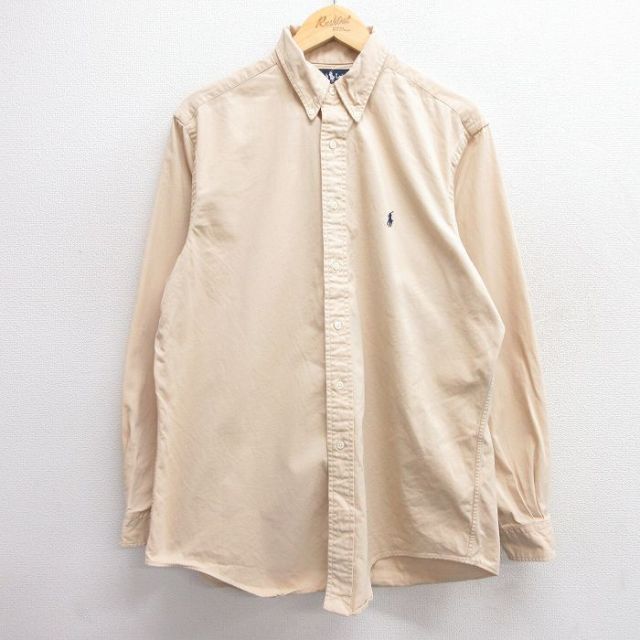 XL★古着 ラルフローレン Ralph Lauren 長袖 ブランド シャツ メンズ 90年代 90s ワンポイントロゴ ロング丈 コットン ボタンダウン USA製 ベージュ カーキ 25feb20 中古 トップス