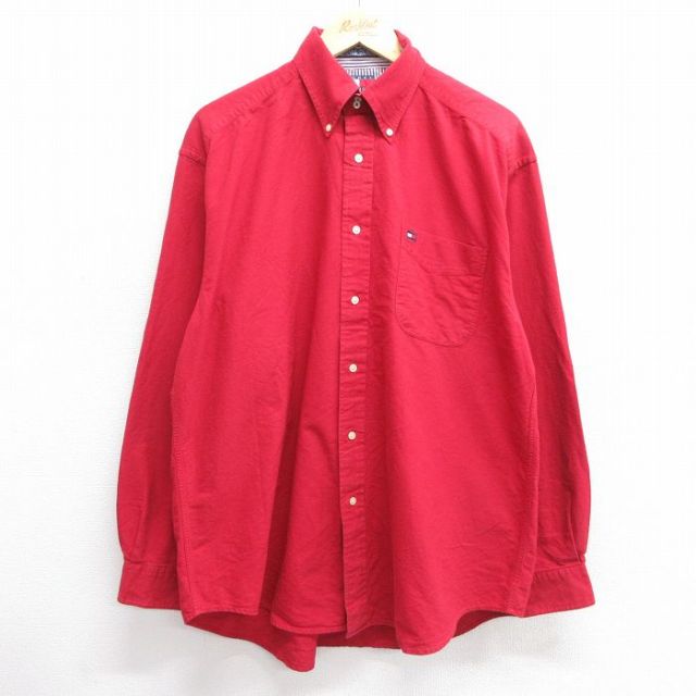 XL★古着 トミーヒルフィガー TOMMY HILFIGER 長袖 ブランド シャツ メンズ 90年代 90s ワンポイントロゴ ロング丈 コットン ボタンダウン 赤 レッド 25feb20 中古 トップス