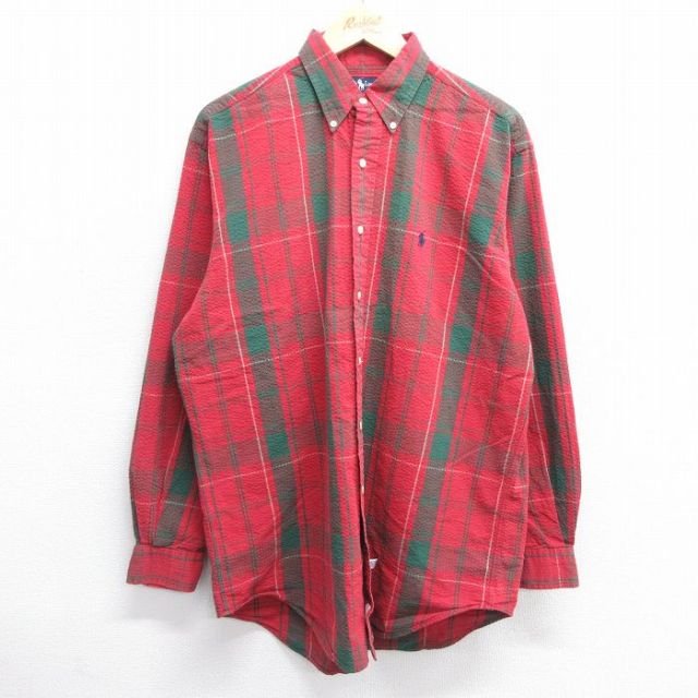 【20%OFF】XL★古着 ラルフローレン Ralph Lauren 長袖 ブランド シャツ メンズ 90年代 90s ワンポイントロゴ シアサッカー ロング丈 コットン ボタンダウン 赤他 レッド チェック 【spe】 25feb20 中古 トップス