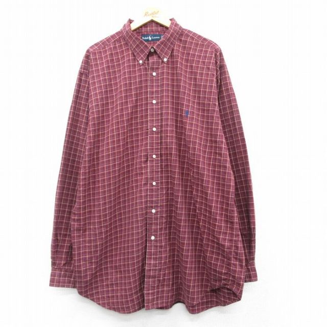 【50%OFF】XL★古着 ラルフローレン Ralph Lauren 長袖 ブランド シャツ メンズ 90年代 90s ワンポイントロゴ 大きいサイズ ロング丈 ボタンダウン エンジ他 チェック 25feb20 中古 トップス
