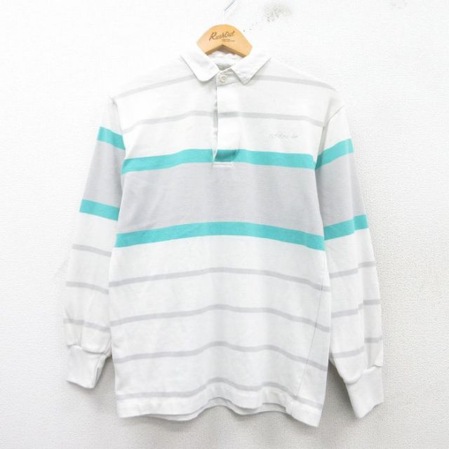 M★古着 アディダス adidas 長袖 ブランド ラガー シャツ メンズ 90年代 90s ワンポイントロゴ リーフ トレフォイル 白他 ホワイト ボーダー 25feb20 中古 トップス