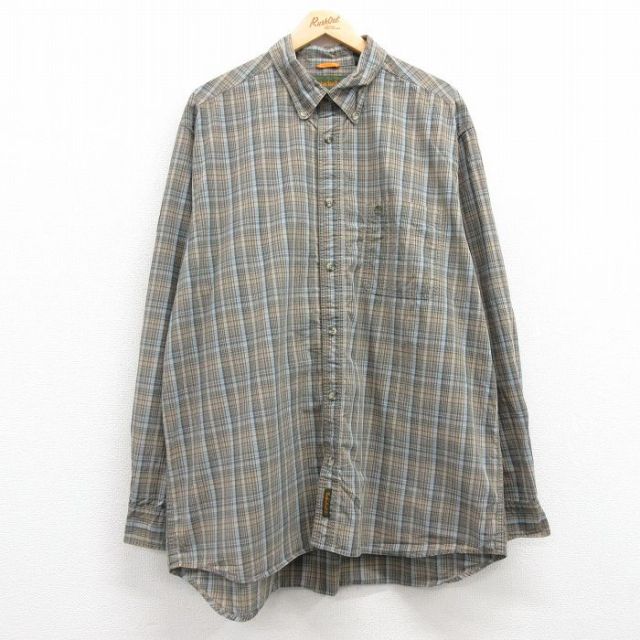 XL★古着 ティンバーランド 長袖 ブランド シャツ メンズ 00年代 00s ワンポイントロゴ 大きいサイズ ロング丈 コットン ボタンダウン 緑他 グリーン チェック 25feb20 中古 トップス