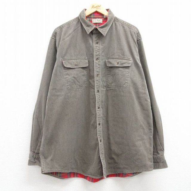 XL★古着 エルエルビーン LLBEAN 長袖 ブランド シャツ メンズ 80年代 80s 大きいサイズ ロング丈 コットン USA製 茶系 ブラウン デニム 内側フランネル 25feb20 中古 トップス