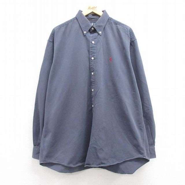 XL★古着 ラルフローレン Ralph Lauren 長袖 ブランド シャツ メンズ 90年代 90s ワンポイントロゴ BLAKE 大きいサイズ ロング丈 コットン ボタンダウン 紺 ネイビー 25feb20 中古 トップス