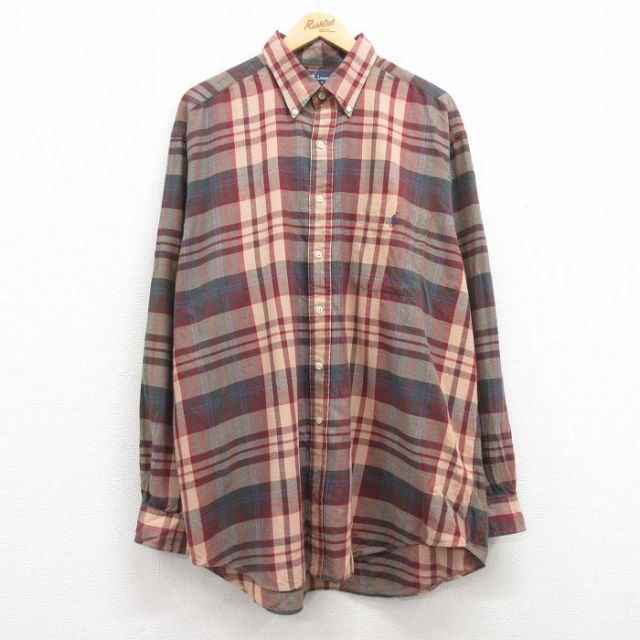 XL★古着 ラルフローレン Ralph Lauren 長袖 ブランド シャツ メンズ 90年代 90s ワンポイントロゴ BLAKE 大きいサイズ ロング丈 コットン ボタンダウン エンジ他 チェック 25feb20 中古 トップス