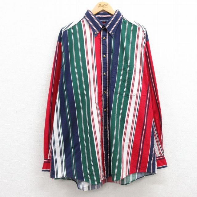 XL★古着 ノーティカ NAUTICA 長袖 ブランド シャツ メンズ 90年代 90s ワンポイントロゴ 大きいサイズ ロング丈 コットン ボタンダウン 紺他 ネイビー ストライプ 25feb20 中古 トップス