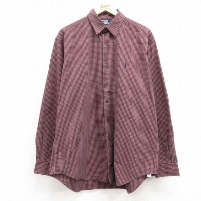 XL★古着 ラルフローレン Ralph Lauren 長袖 ブランド シャツ メンズ 90年代 90s ワンポイントロゴ MARLOWE 大きいサイズ コットン 紺他 ネイビー チェック 25feb20 中古 トップス