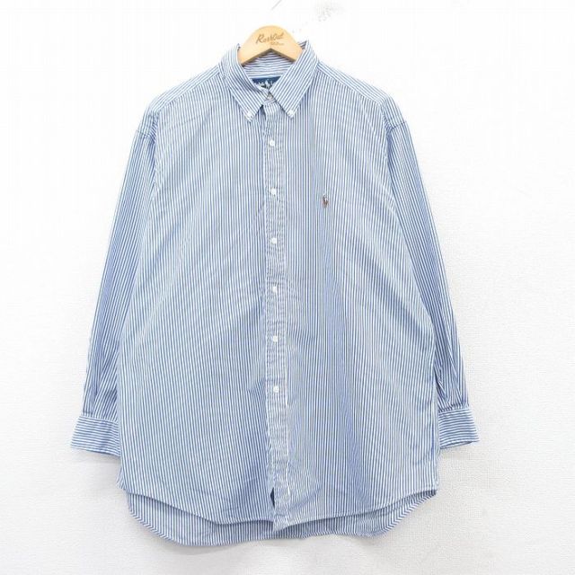 XL★古着 ラルフローレン Ralph Lauren 長袖 ブランド シャツ メンズ 90年代 90s ワンポイントロゴ YARMOUTH オックスフォード 大きいサイズ ロング丈 コットン ボタンダウン 紺他 ネイビー ストライプ 【spe】 25feb20 中古 トップス