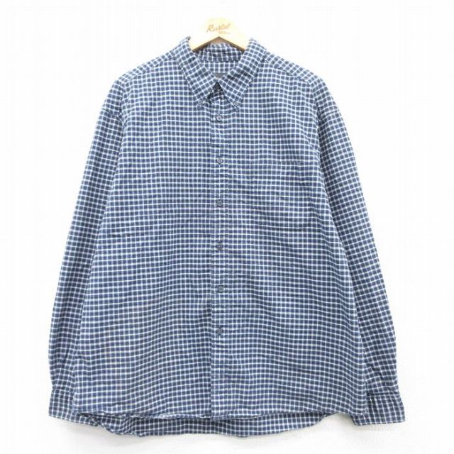 XL★古着 エディーバウアー 長袖 ブランド シャツ メンズ 00年代 00s 大きいサイズ コットン ボタンダウン 紺他 ネイビー チェック 25feb20 中古 トップス