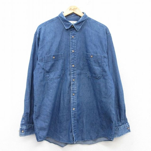 L★古着 エディーバウアー 長袖 ブランド シャツ メンズ 00年代 00s ロング丈 コットン 紺 ネイビー 25feb20 中古 トップス