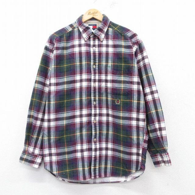 L★古着 トミーヒルフィガー TOMMY HILFIGER 長袖 ブランド シャツ メンズ 90年代 90s ワンポイントロゴ コーデュロイ コットン ボタンダウン エンジ他 チェック 25feb20 中古 トップス