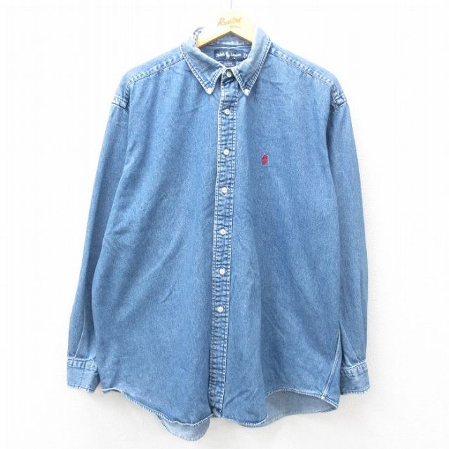 XL★古着 ラルフローレン Ralph Lauren 長袖 ブランド シャツ メンズ 90年代 90s ワンポイントロゴ BLAIRE 大きいサイズ コットン ボタンダウン 紺 ネイビー デニム 25feb22 中古 トップス