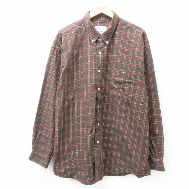 【50%OFF】XL★古着 エディーバウアー 長袖 ブランド シャツ メンズ 00年代 00s 大きいサイズ ロング丈 コットン ボタンダウン 濃緑他 グリーン チェック 25feb22 中古 トップス