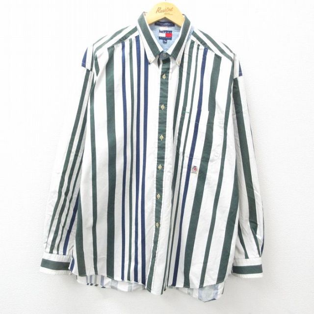 XL★古着 トミーヒルフィガー TOMMY HILFIGER 長袖 ブランド シャツ メンズ 90年代 90s ワンポイントロゴ 大きいサイズ コットン ボタンダウン 白他 ホワイト ストライプ 25feb22 中古 トップス