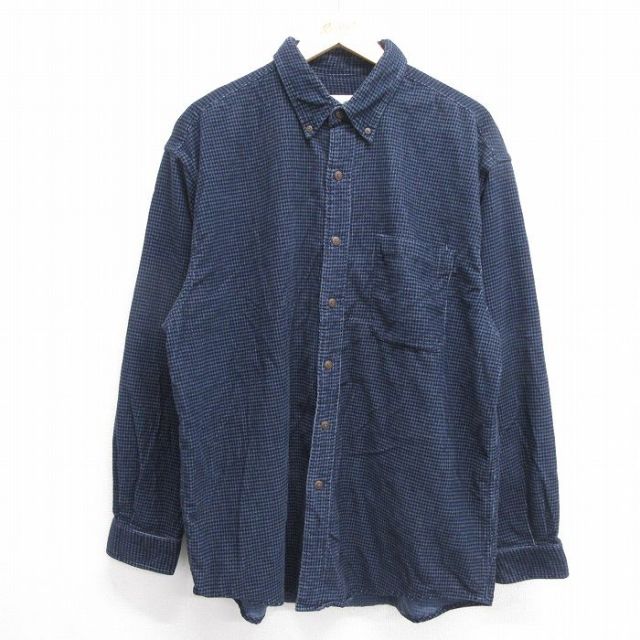 XL★古着 エディーバウアー 長袖 ブランド シャツ メンズ 00年代 00s コーデュロイ ロング丈 コットン ボタンダウン 紺他 ネイビー チェック 【spe】 25feb22 中古 トップス