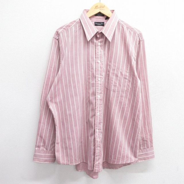 XL★古着 クリスチャンディオール Christian Dior 長袖 ブランド シャツ メンズ 90年代 90s 大きいサイズ USA製 エンジ系他 ストライプ 25feb22 中古 トップス