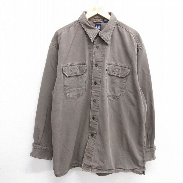【20%OFF】XL★古着 ギャップ GAP 長袖 ブランド シャツ メンズ 00年代 00s 大きいサイズ ロング丈 コットン 茶 ブラウン 25feb22 中古 トップス