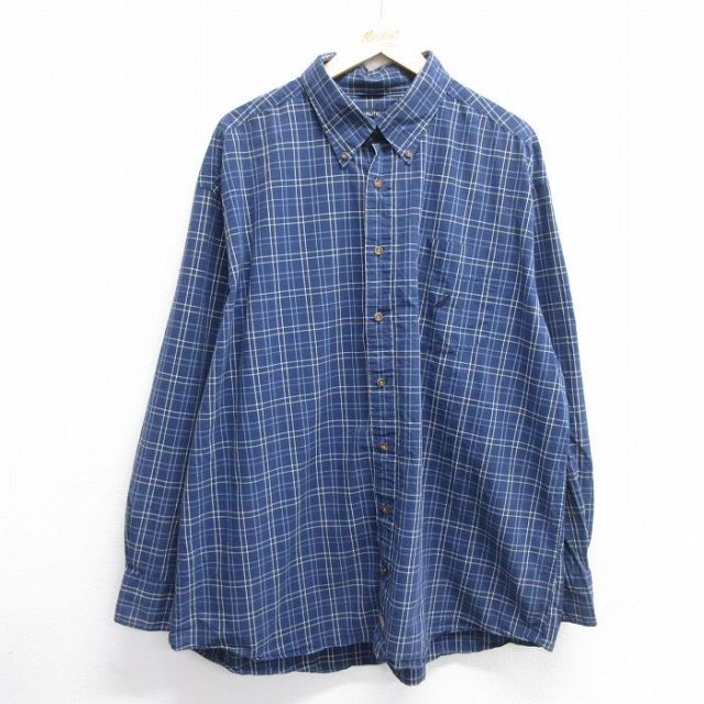 XL★古着 ノーティカ NAUTICA 長袖 ブランド シャツ メンズ 大きいサイズ ロング丈 コットン ボタンダウン 紺他 ネイビー チェック 25feb25 中古 トップス