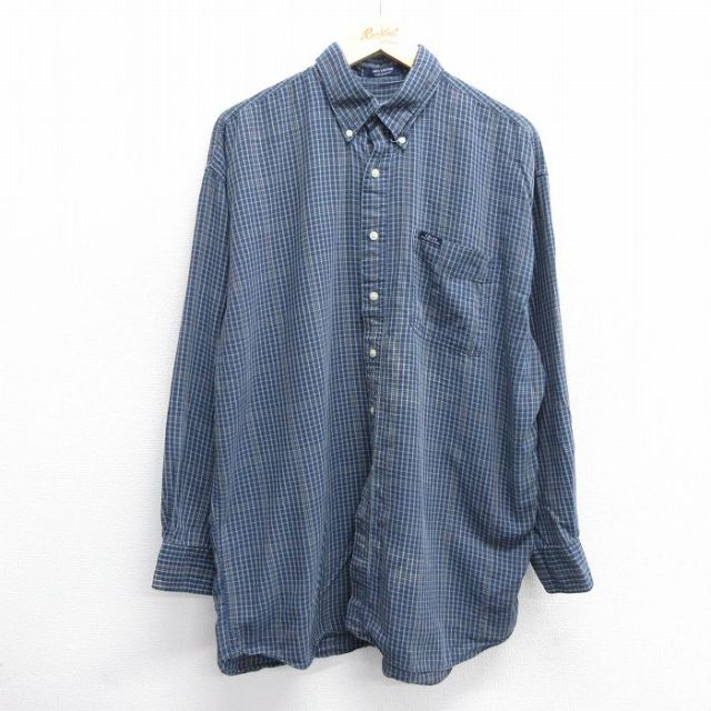 XL★古着 ラルフローレン Ralph Lauren チャップス 長袖 ブランド シャツ メンズ 90年代 90s ロング丈 コットン ボタンダウン 紺他 ネイビー チェック 25feb25 中古 トップス