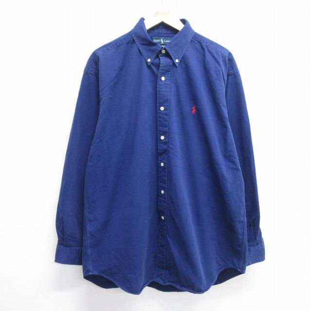 XL★古着 ラルフローレン Ralph Lauren 長袖 ブランド シャツ メンズ 90年代 90s ワンポイントロゴ BLAKE 大きいサイズ ロング丈 コットン ボタンダウン 紺 ネイビー 25feb25 中古 トップス