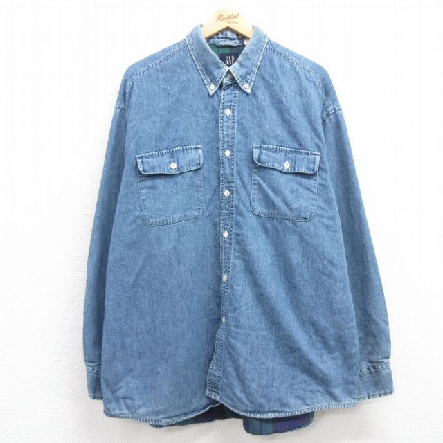 XL★古着 ギャップ　GAP 長袖 ブランド シャツ メンズ 00年代 00s 大きいサイズ コットン ボタンダウン 紺 ネイビー デニム 内側フランネル 25feb25 中古 トップス