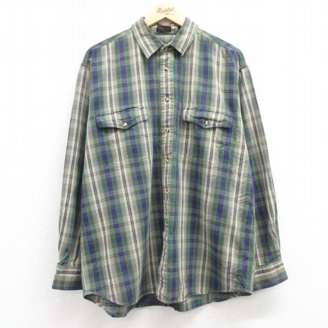 XL★古着 エディーバウアー 長袖 ブランド シャツ メンズ 90年代 90s コットン 緑他 グリーン チェック 25feb25 中古 トップス