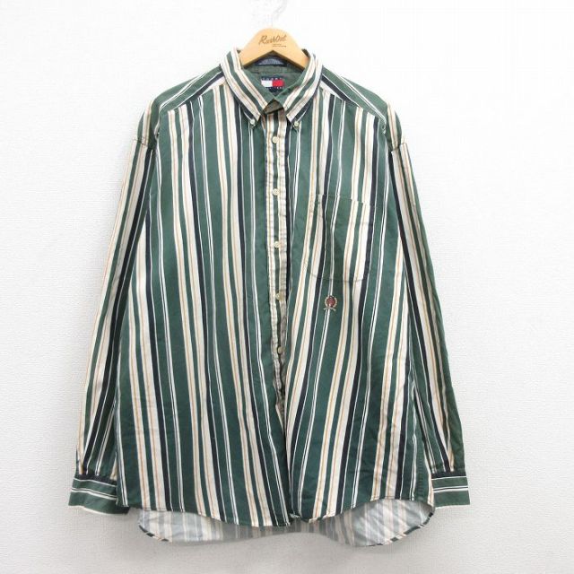 XL★古着 トミーヒルフィガー TOMMY HILFIGER 長袖 ブランド シャツ メンズ 90年代 90s ワンポイントロゴ 大きいサイズ コットン ボタンダウン 緑他 グリーン ストライプ 25feb25 中古 トップス