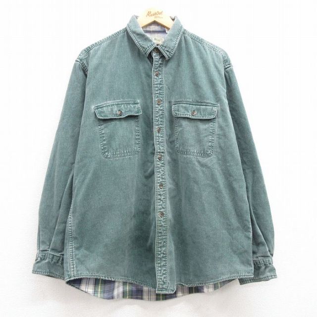 XL★古着 エルエルビーン LLBEAN 長袖 ブランド シャツ メンズ 80年代 80s コットン USA製 緑 グリーン デニム 内側フランネル 25feb25 中古 トップス