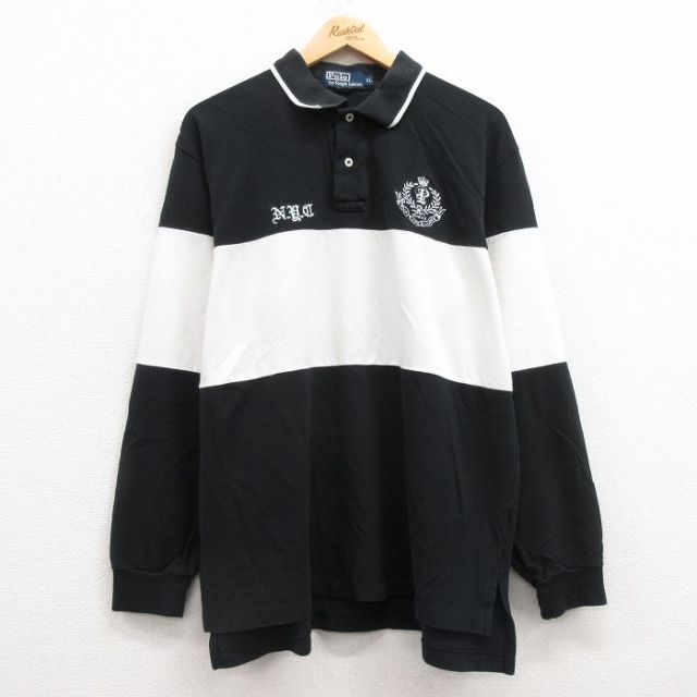 XL★古着 ラルフローレン Ralph Lauren 長袖 ブランド ポロ シャツ メンズ 90年代 90s ワンポイントロゴ 鹿の子 コットン 黒他 ブラック 25feb25 中古 トップス