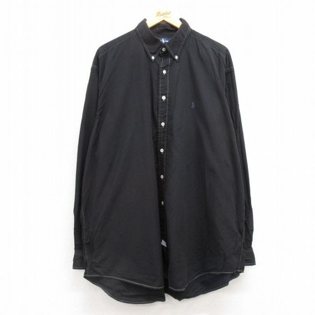 XL★古着 ラルフローレン Ralph Lauren 長袖 ブランド シャツ メンズ 90年代 90s ワンポイントロゴ 大きいサイズ ロング丈 コットン ボタンダウン 黒 ブラック 25feb25 中古 トップス