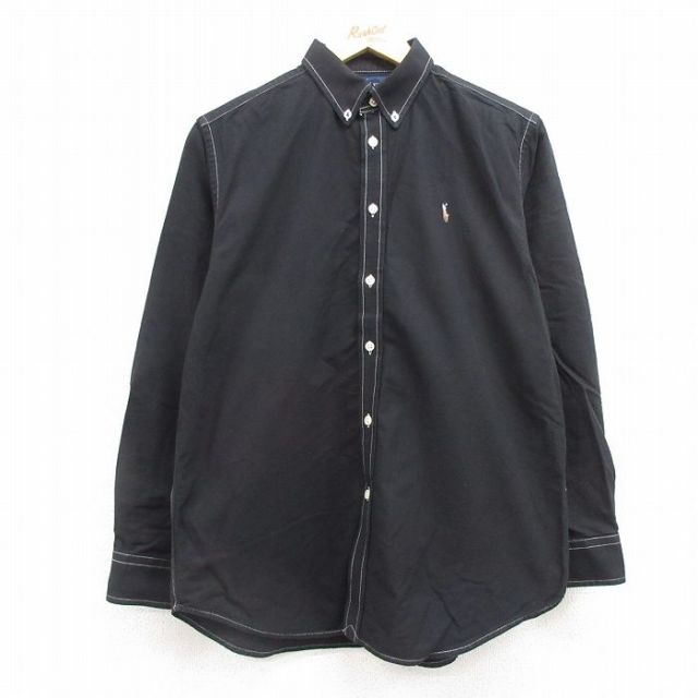 M★古着 ラルフローレン Ralph Lauren 長袖 ブランド シャツ キッズ ボーイズ 子供服 90年代 90s ワンポイントロゴ オックスフォード コットン ボタンダウン 黒 ブラック 25feb25 中古 メンズ トップス