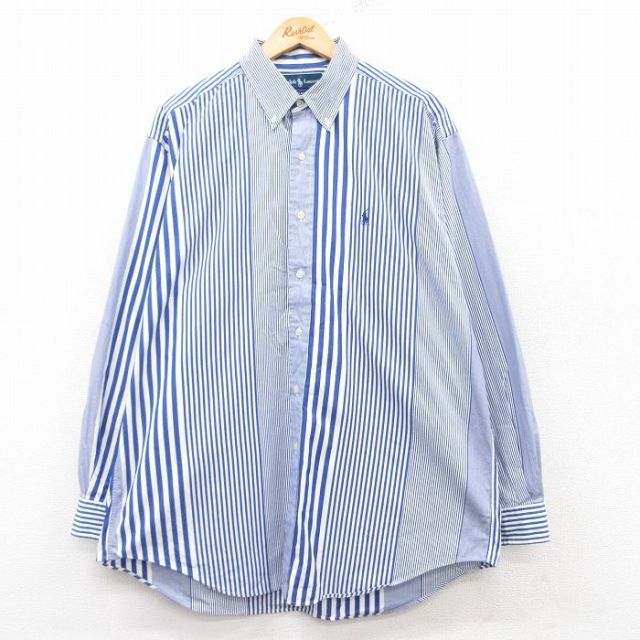 XL★古着 ラルフローレン Ralph Lauren 長袖 ブランド シャツ メンズ 90年代 90s ワンポイントロゴ BLAKE 大きいサイズ ロング丈 コットン ボタンダウン 紺他 ネイビー ストライプ 【spe】 25feb25 中古 トップス