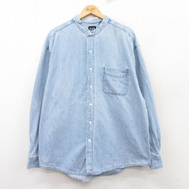 【20%OFF】XL★古着 ギャップ GAP 長袖 ブランド シャツ メンズ 90年代 90s 大きいサイズ ロング丈 コットン ノーカラー USA製 紺 ネイビー デニム 25feb25 中古 トップス