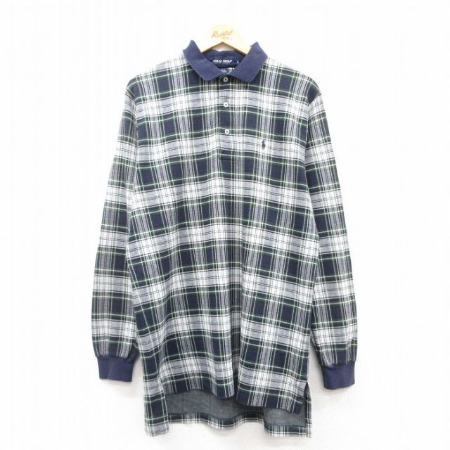 【20%OFF】L★古着 ラルフローレン Ralph Lauren ポロゴルフ 長袖 ブランド ポロ シャツ メンズ 90年代 90s ワンポイントロゴ ロング丈 コットン 紺他 ネイビー チェック 25feb25 中古 トップス