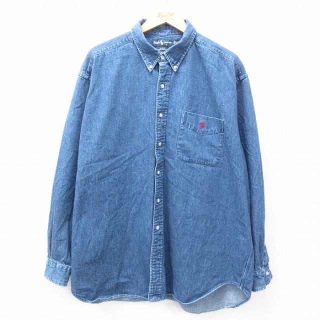 XL★古着 ラルフローレン Ralph Lauren 長袖 ブランド シャツ メンズ 90年代 90s BLAKE ワンポイントロゴ 大きいサイズ ロング丈 コットン ボタンダウン 紺 ネイビー デニム 25feb26 中古 トップス